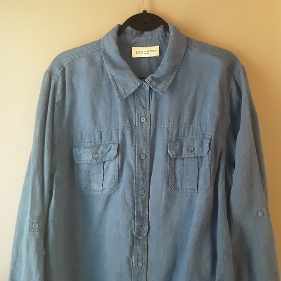 Jones New York Blue 100% Linen Button Up Collared Shirt - Picture 2 of 10